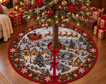 Quilted Christmas Tree Skirt, Santa Sleigh Reindeer Tree Mat, Winter Village Tree Skirt, Vintage Red Xmas Holiday Tree Base Decor, Gift