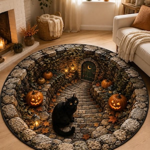 May include: A round area rug featuring a 3D optical illusion of a stone-walled sunken courtyard. The design includes a black cat sitting on a cobblestone path, two glowing jack-o'-lanterns, scattered autumn leaves, lanterns, and a small door.