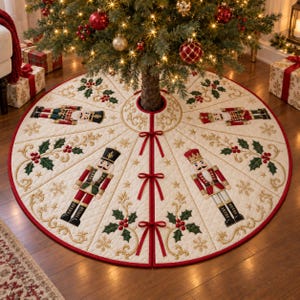 May include: A circular cream-colored quilted Christmas tree skirt featuring embroidered nutcracker figures, green holly leaves with red berries, and gold scrollwork. The skirt has three red ribbon ties along the front slit and a red border.