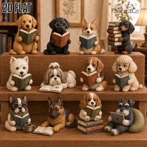 May include: A collection of twelve dog figurines in various breeds, each depicted reading a book or holding a tablet. The figures are arranged on a wooden tiered display, featuring detailed textures, painted colors, and accessories like glasses and mugs.