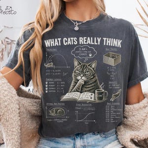 May include: A charcoal gray t-shirt featuring a graphic print titled WHAT CATS REALLY THINK. The design includes a cat wearing glasses, mathematical equations, a box, a coffee mug, and text detailing cat behavior, energy levels, and schedules.
