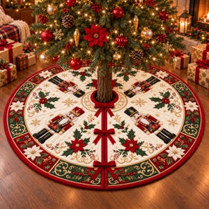 May include: A round, cream-colored quilted Christmas tree skirt featuring a festive pattern of nutcrackers, red poinsettias, and green holly leaves. The skirt has a dark red border with gold scrollwork and three red fabric bows for closure.