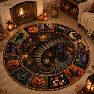 May include: A round area rug featuring a 3D-style spiral stone staircase design with a black cat wearing a purple witch hat, a small ghost, and lanterns. The border consists of square panels with pumpkins, a crow, a spiderweb, an owl, and potions.