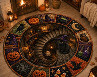 3D Halloween Round Rug, Optical Illusion Vortex Carpet, Spooky Black Cat Witch Floor Mat, Pumpkin Raven Magic Doormat, Fall Home Decor