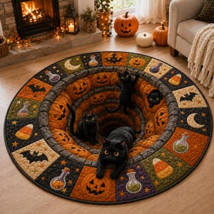 May include: A round rug featuring a 3D-effect tunnel design with orange jack-o'-lanterns, three black cats, and a border of squares containing bats, moons, potion bottles, and candy corn on a dark background with small yellow stars.