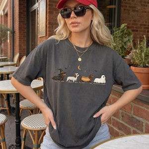 May include: A charcoal gray short-sleeve t-shirt featuring a graphic print of four dachshund dogs in Halloween costumes, including a witch, a mummy, a hot dog, and a ghost, arranged in a line under a small crescent moon and stars.