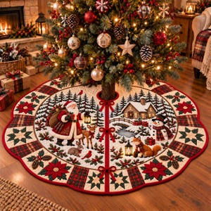 May include: A round quilted Christmas tree skirt featuring a festive scene with Santa Claus, a snowman, a deer, a fox, and a rabbit in a snowy forest. The border displays a pattern of red poinsettias, green stars, and plaid fabric squares.