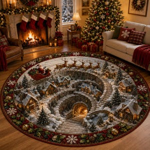 May include: A round area rug featuring a 3D-style Christmas village scene with snow-covered houses, stone staircases, and a tunnel. Santa Claus in a red sleigh pulled by reindeer flies overhead. The border is decorated with holly, berries, and snowflakes.
