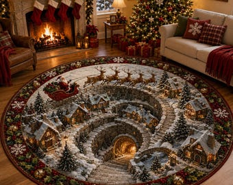 3D Illusion Christmas Rug, Santa Sleigh Winter Village Round Area Rug, Non Slip Floor Mat, Cozy Holiday Cottagecore Living Room Rug