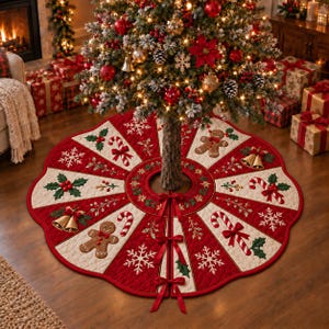 May include: A circular Christmas tree skirt featuring a quilted design with alternating red and cream panels. The fabric is decorated with embroidered gingerbread people, candy canes, holly leaves, berries, gold bells, and white snowflakes.