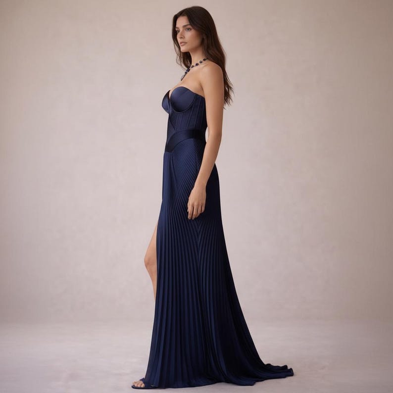Navy Blue Strapless Corset Evening Gown With Slit, Elegant Formal Dress ...