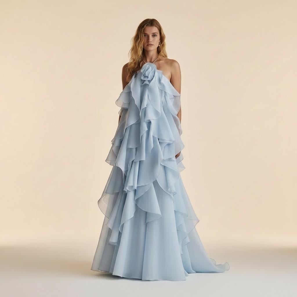 flowy midi wedding guest dress Indya Blue Organza Maxi Dress w/ Tie Straps