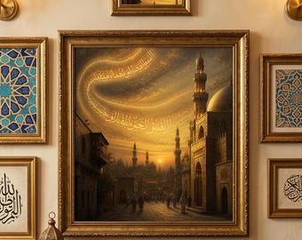 Lámina decorativa islámica para pared con diseño de mezquita y ciudad / Pintura al óleo dorada con caligrafía árabe / Decoración para el hogar musulmán (descarga instantánea) / Regalo de Ramadán
