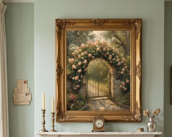 Lámina decorativa con rosas trepadoras y puerta de jardín de rosas / Decoración romántica estilo cottagecore para dormitorio / Descarga instantánea / Póster de jardín inglés