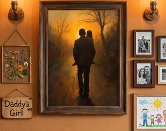Lámina decorativa para pared "Padre e hija", regalo del Día del Padre para la hija de papá, pintura de un padre cargando a su hija al atardecer, regalo de hija a padre, arte familiar.