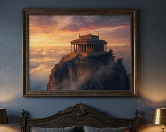 Arte mural de montaña con templo antiguo, lámina de arte de mitología griega, decoración Dark Academia, pintura de paisaje épico, regalo de filosofía estoica,