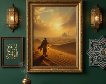 Lámina de arte islámico para pared, decoración musulmana para el hogar, pintura de la mezquita del desierto, regalo de Ramadán, arte para viajes espirituales, regalos islámicos, arte árabe para el hogar.