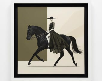 Ilustración de moda, lámina con caballo negro y mujer elegante / Arte mural minimalista oscuro para imprimir / Póster de alta costura ecuestre de descarga instantánea