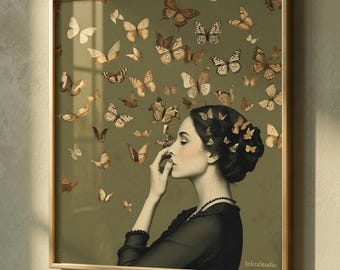 Lámina decorativa vintage "Mujer Mariposa", "Su mente está llena de mariposas", regalo para ella, arte romántico oscuro, arte de transformación, decoración de dormitorio.