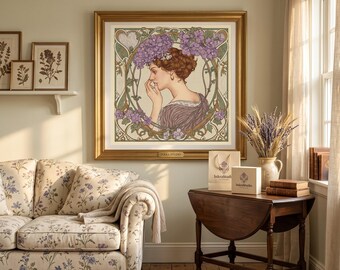 Lámina de retrato botánico Art Nouveau, arte mural floral vintage, decoración elegante para mujer, póster de flores de lila, decoración romántica para el hogar