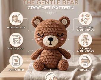 Crochet Bear Pattern PDF, Sleepy Teddy Bear Amigurumi Beginner Easy Tutorial, Baby Shower Gift Instant Download, Cute Stuffed Animal Toy