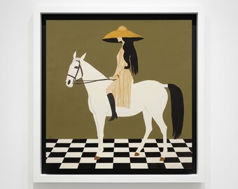 Lámina decorativa imprimible de mujer a caballo blanco en color oro oliva / Póster ecuestre con gráficos llamativos / Arte de moda con estampado de tablero de ajedrez, descarga instantánea.