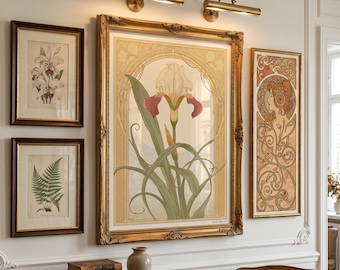Lámina botánica Art Nouveau, lámina floral vintage para pared, descarga digital, póster de flores de iris estilo Mucha, descarga instantánea de arte para pared.