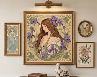 Art Nouveau Mujer Iris Wall Art Print, Cartel estilo Mucha, Retrato botánico vintage, Decoración Belle Époque, Arte de dormitorio femenino, Flor de iris