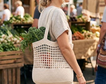Modello PDF per borsa tote all'uncinetto, borsa da mercato facile per principianti con struttura a rete, borsa per mercato contadino con download immediato, borsa tote in cotone moderna e minimalista