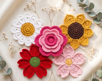 Schema PDF per sottobicchieri all'uncinetto, set di sottobicchieri floreali per principianti, margherita, girasole, tulipano, rosa, download immediato, decorazione per la casa in stile cottagecore, idea regalo