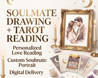 Dibujo personalizado de alma gemela y lectura de tarot del amor, retrato personalizado de alma gemela, lectura de relaciones, regalo espiritual, entrega rápida.