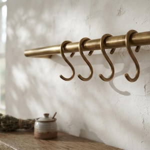 Antique Brass Kitchen Rail with S-Hooks, Wall Mount Utensil Bar, Solid Brass Pot Hanger, Vintage Style Farmhouse Pan & Pot Organizer