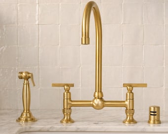 Brass Kitchen Faucet, Wall Mounted Gold Tap with Side Sprayer