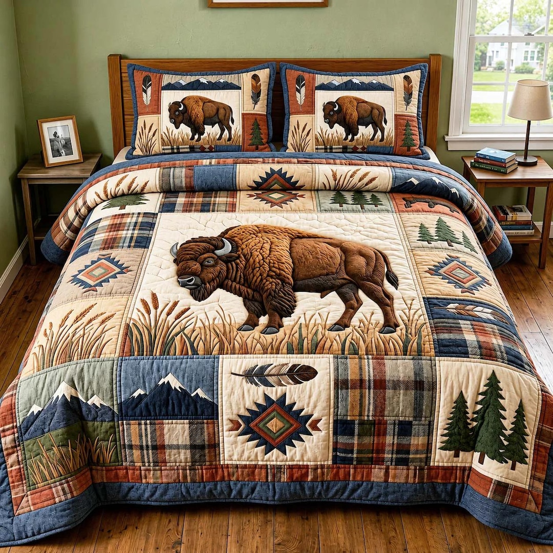 Rustic Bison Bedding Set, Western Cabin Quilt Bed Set, Buffalo Plaid ...