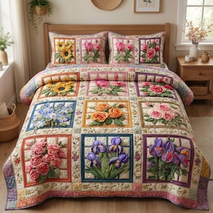 Floral Patchwork Bedding Set, Garden Flower Quilt Blanket with 2 Pillowcases, Cottagecore Bedspread, Vintage Floral Decor Gift for Her