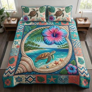 May include: A tropical-themed quilt set featuring a large seashell design with a beach scene, a sea turtle, and hibiscus flowers. The set includes two pillow shams with turtle and leaf patterns. The quilt has a turquoise, coral, and beige color scheme.