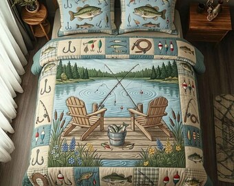 Fishing Bedding Set Lake Cabin Quilt Print Blanket Pillowcase Set Rustic Fisherman Bedspread Outdoor Lodge Decor Gift for Dad