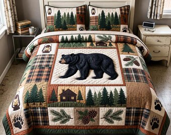 Black Bear Cabin Bedding Set, Rustic Woodland Quilt Bed Set, Plaid Forest Blanket Print, Lodge Style Comforter With 2 Pillowcases