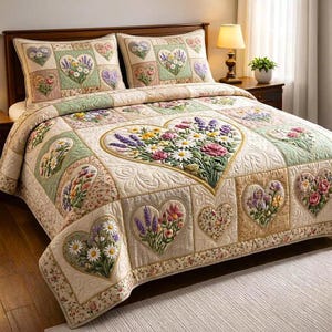 Pode incluir: Um edredom acolchoado e duas fronhas com um design floral de coração. O edredom tem um fundo creme com patches florais em forma de coração em várias cores. As fronhas têm um design semelhante. A cama tem uma cabeceira de madeira.