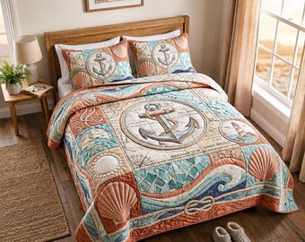 Coastal Anchor Bedding Set, Nautical Beach Quilt Bed Set, Ocean Seashell Blanket Print, Maritime Comforter With 2 Pillowcases