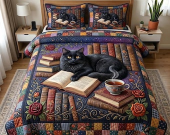 Schwarze Katze Buchliebhaber Bettwäsche Set, Gemütliches Lese Quilt Bettset, Bibliothek Katzendecke Druck, Bücherwurm Tröster Mit 2 Kissenbezügen