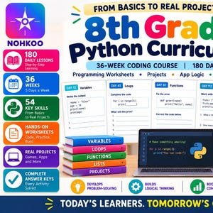 May include: An 8th Grade Python Curriculum 36-week coding course educational set featuring a laptop, a stack of colorful books labeled Variables, Loops, Functions, Lists, and Projects, worksheets, a pencil holder, and a yellow sticky note with text.