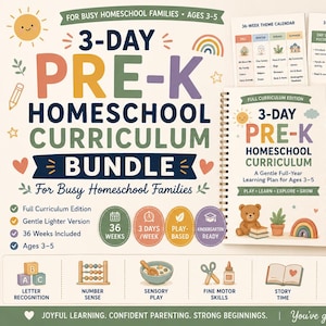 Könnte beinhalten: Ein 3-Tage-Homeschool-Curriculum-Bundle für Kinder im Vorschulalter (3-5 Jahre). Enthält Arbeitsbücher, Unterrichtspläne und eine Belohnungstabelle. Das Design zeigt einen Regenbogen, einen Teddybären und andere Elemente.