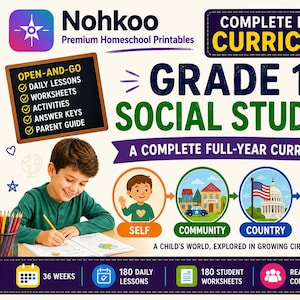 May include: A Grade 1 Social Studies curriculum printable set by Nohkoo. The graphic features text including Complete Mastery Curriculum, 180-day print-and-go, and 36 weeks of lessons. It displays icons for self, community, country, and world topics.