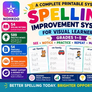 May include: A spelling improvement system for grades 1-5 featuring colorful educational materials, including printable worksheets with word families like at, an, ing, and ck, alongside icons for patterns, practice words, and parent support resources.