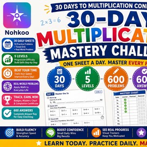May include: A 30-day multiplication mastery challenge educational kit featuring colourful text, maths practice sheets, a mastery chart, and a completion certificate. The design includes icons for 30 days, 5 levels, 600 problems, and 600 answers, aimed at grades 2-5 for ages 7-11.