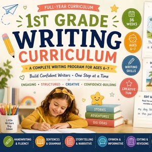 May include: A colorful educational poster for 1st grade writing curriculum. The poster features a young girl writing, alongside examples of sentence writing, story starters, and writing goals. Includes 36 weeks of lessons for ages 6-7.