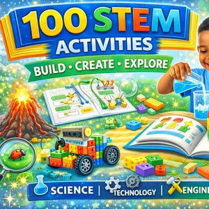 May include: A 100 STEM Activities educational kit featuring a colorful box cover with the text 100 STEM ACTIVITIES BUILD CREATE EXPLORE. The image displays a toy volcano, a magnifying glass, building blocks, and two open instruction books.