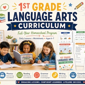 May include: A 1st Grade Language Arts Curriculum full-year homeschool program featuring daily lessons and worksheets for ages 6-7. The educational set includes over 400 pages, 36 weeks of content, and covers phonics, reading, grammar, writing, and comprehension.