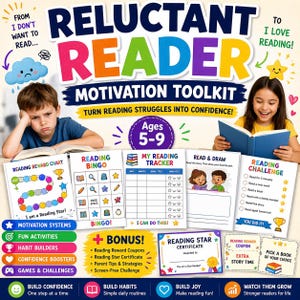 May include: A colorful "Reluctant Reader" motivation toolkit for ages 5-9, designed to turn reading struggles into confidence. Includes a reading reward chart, bingo, tracker, and challenge sheets, plus bonus materials like coupons and certificates.